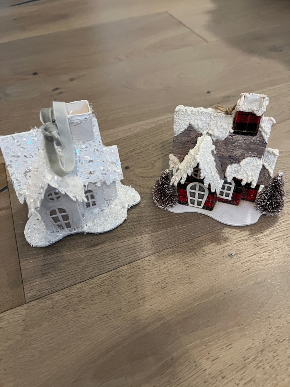 Holiday Glitter Snow Cottage Ornaments - White and Red Plaid